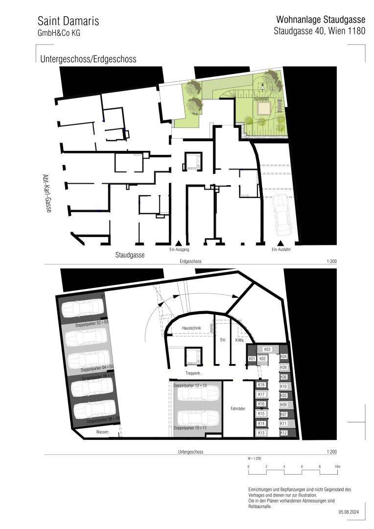 Übersichtsplan des Erdgeschosses und Untergeschosses mit Tiefgarage, Fahrradraum und Kellerabteilen.