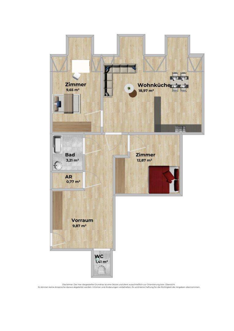 Detaillierter Grundriss der Wohnung mit Zimmeraufteilung, Wohnküche und separatem WC.