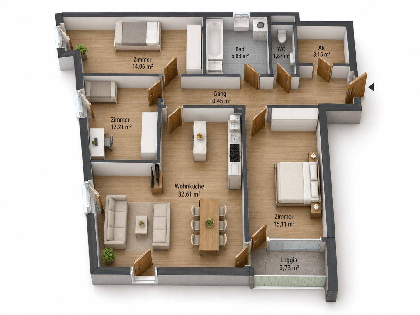 Dreidimensionaler Grundriss der Wohnung mit Möblierung und Loggia.