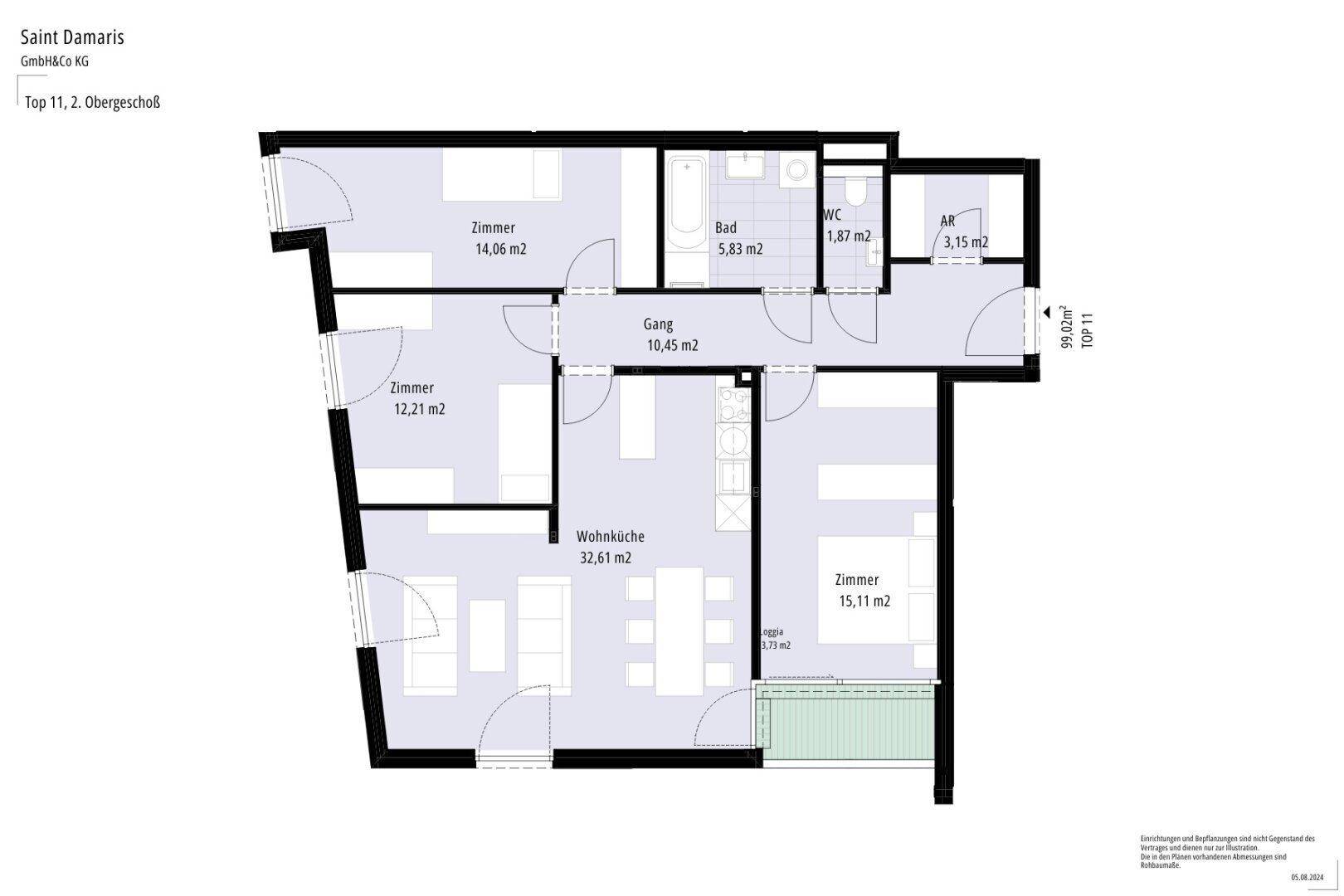 Grundriss der Wohnung im 2. Obergeschoss mit drei Zimmern und offener Wohnküche.