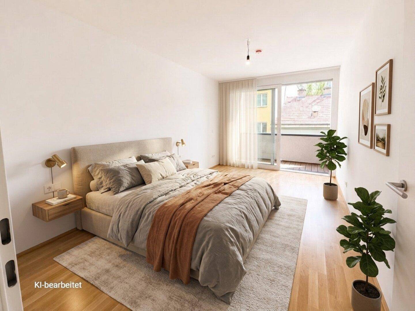 Virtuell eingerichtetes Schlafzimmer mit Doppelbett, Holzboden und Zugang zum Balkon.