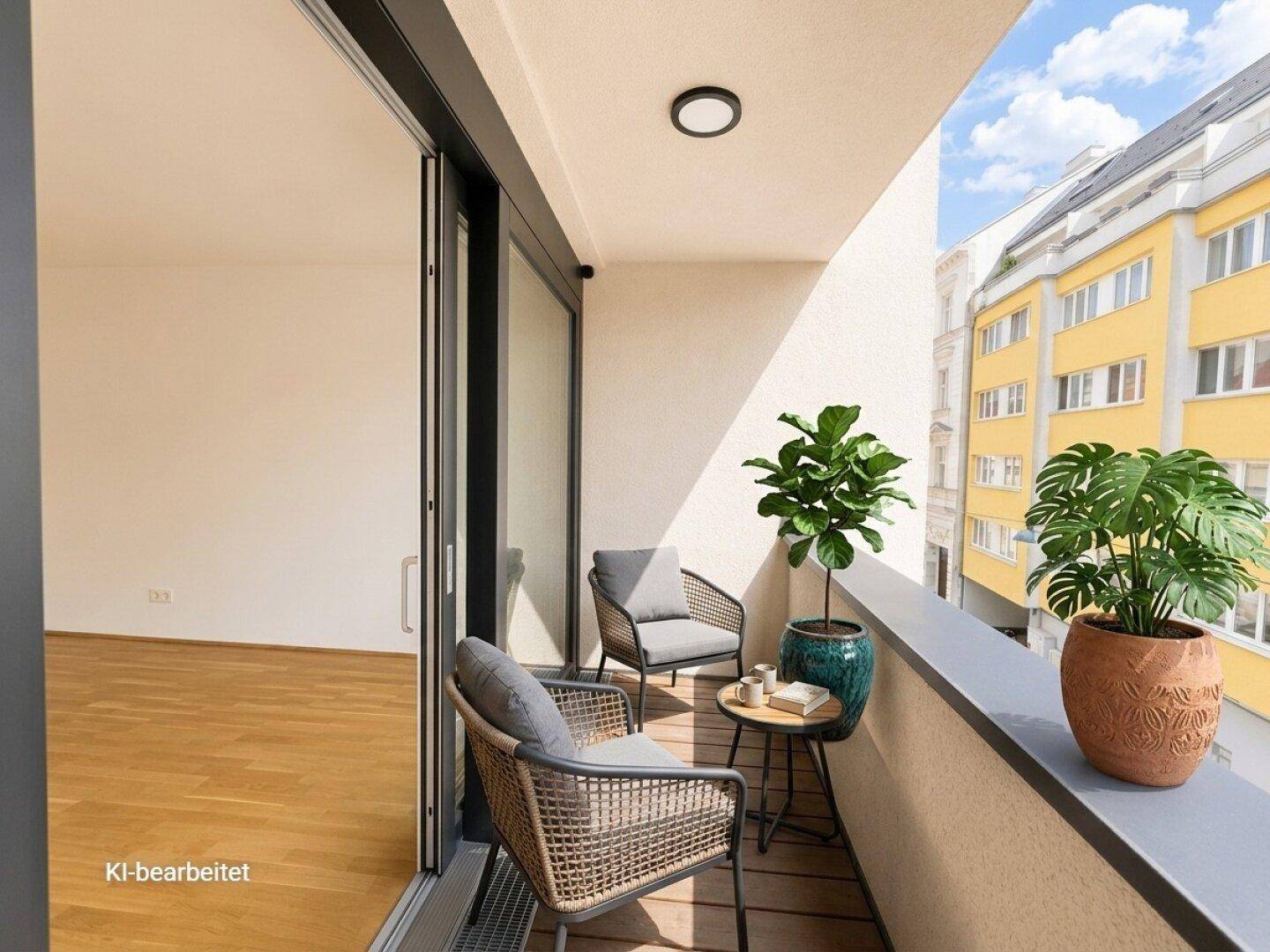 Virtuell inszenierter Balkon mit Sitzgelegenheiten und Pflanzen, bietet einen angenehmen Außenbereich.