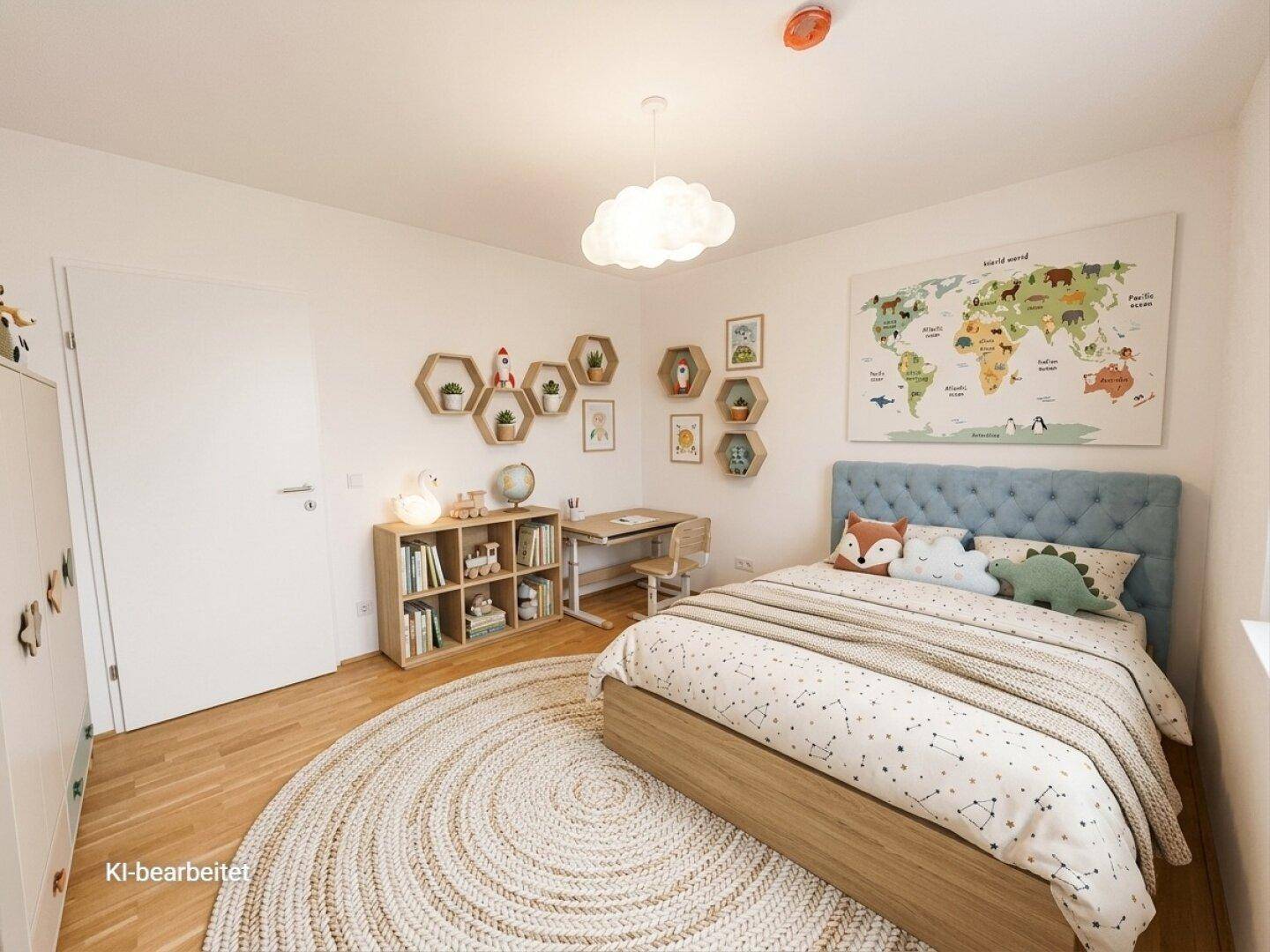 Virtuell eingerichtetes Kinderzimmer mit Holzboden und spielerischer Dekoration.