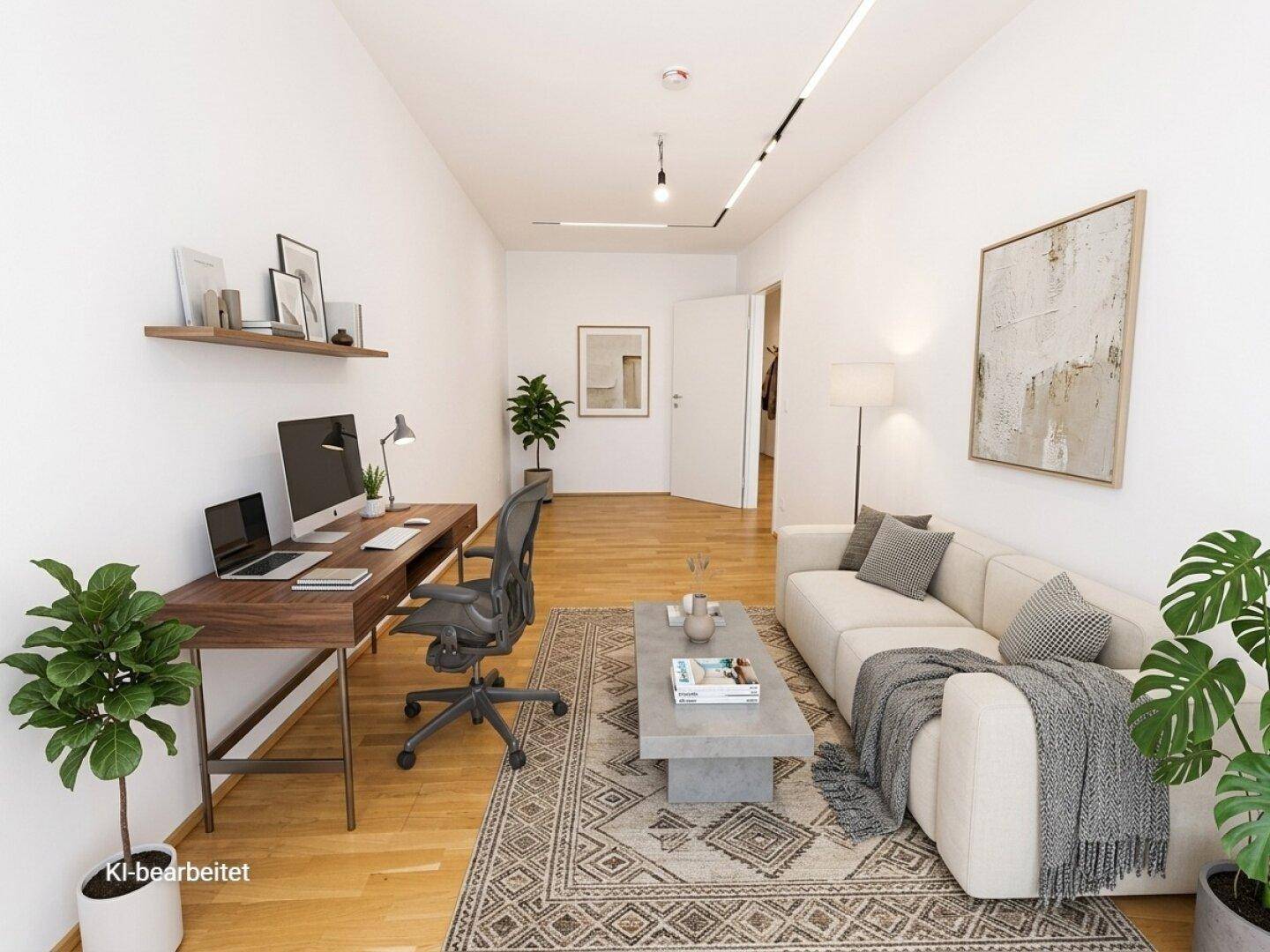 Virtuell eingerichtetes Arbeitszimmer mit Schreibtisch, Sofa und Holzboden.