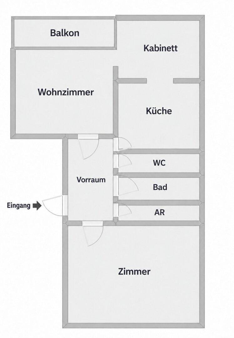 Übersichtlicher Grundriss mit Balkon, Wohnzimmer, Küche, Bad und separatem WC.