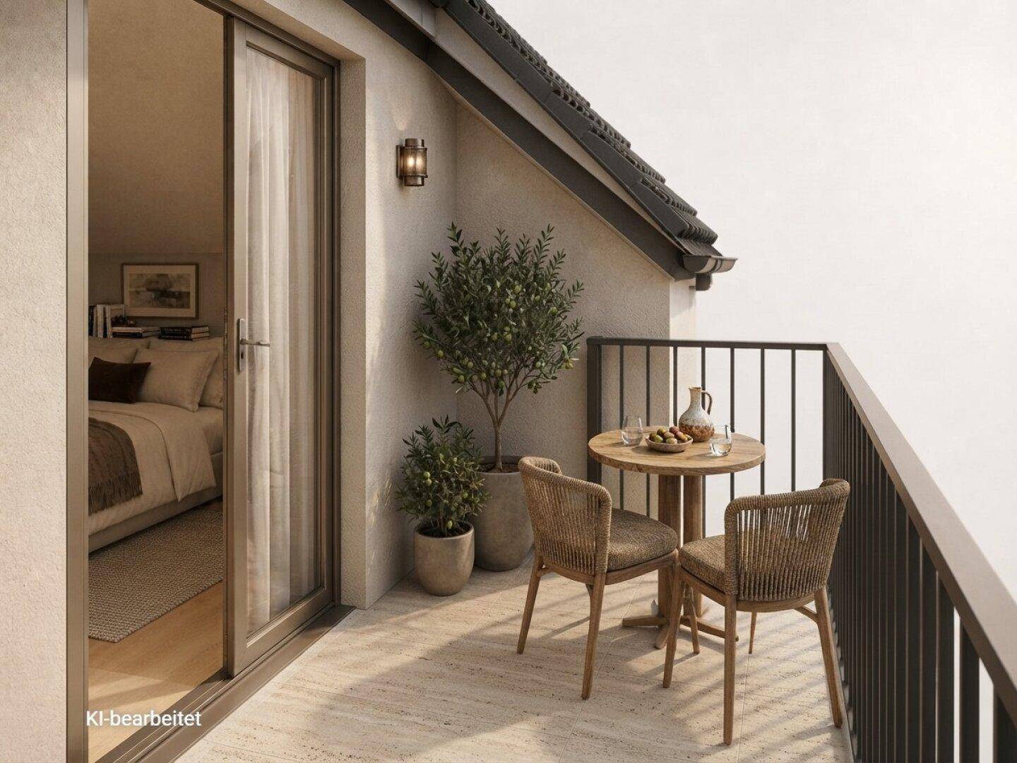 Kleiner Balkon mit Sitzgelegenheiten und Pflanzen, zugänglich vom Schlafzimmer.