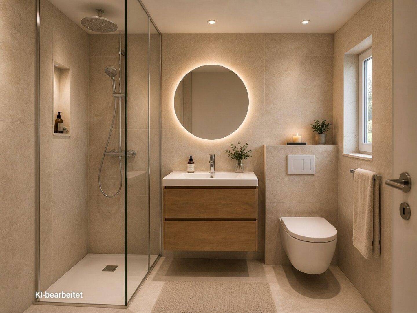 Modernes Badezimmer mit begehbarer Dusche, beleuchtetem Spiegel und Fenster für Tageslicht.