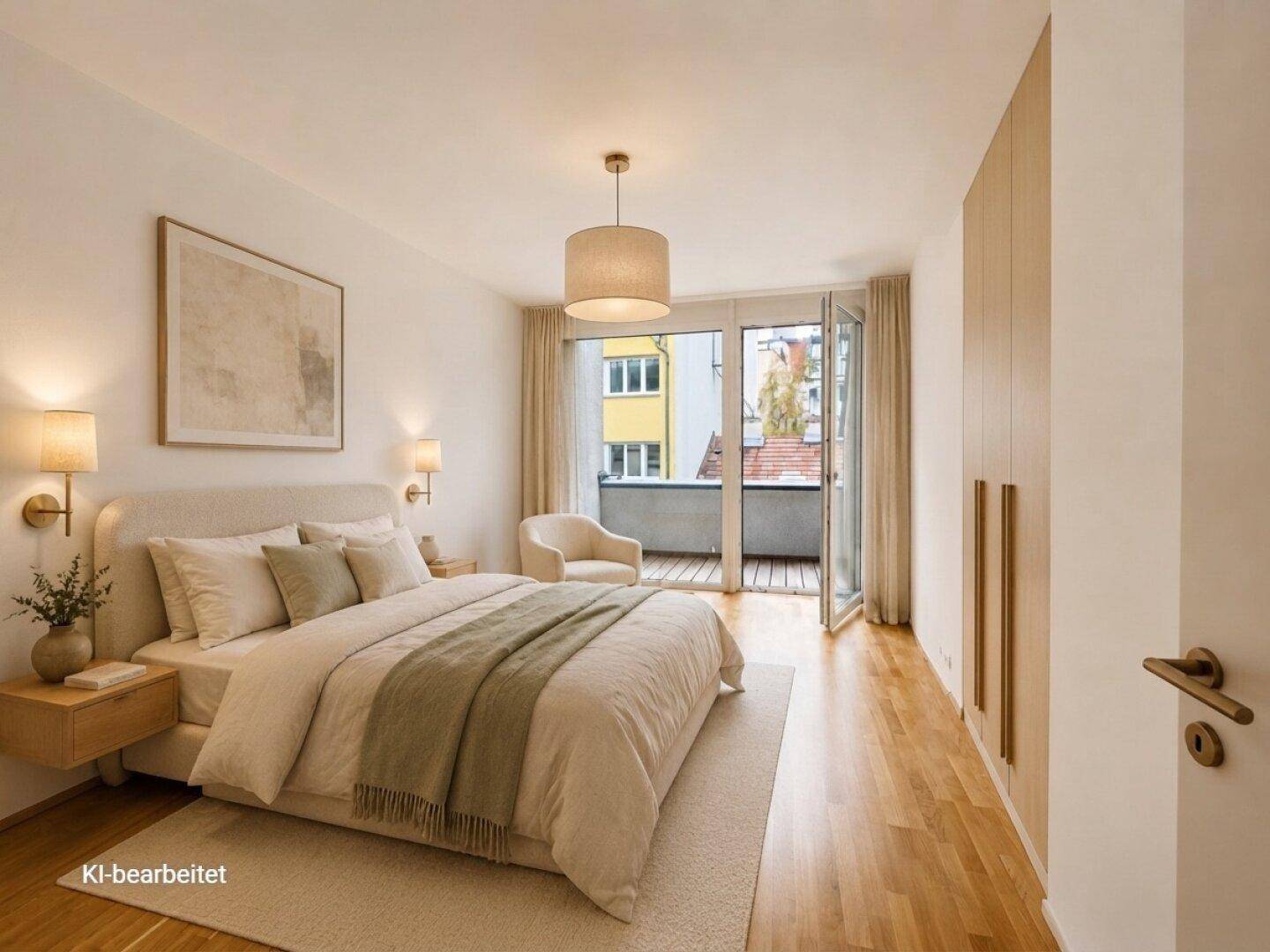 Helles Schlafzimmer mit Doppelbett, Einbauschränken und direktem Zugang zum Balkon.