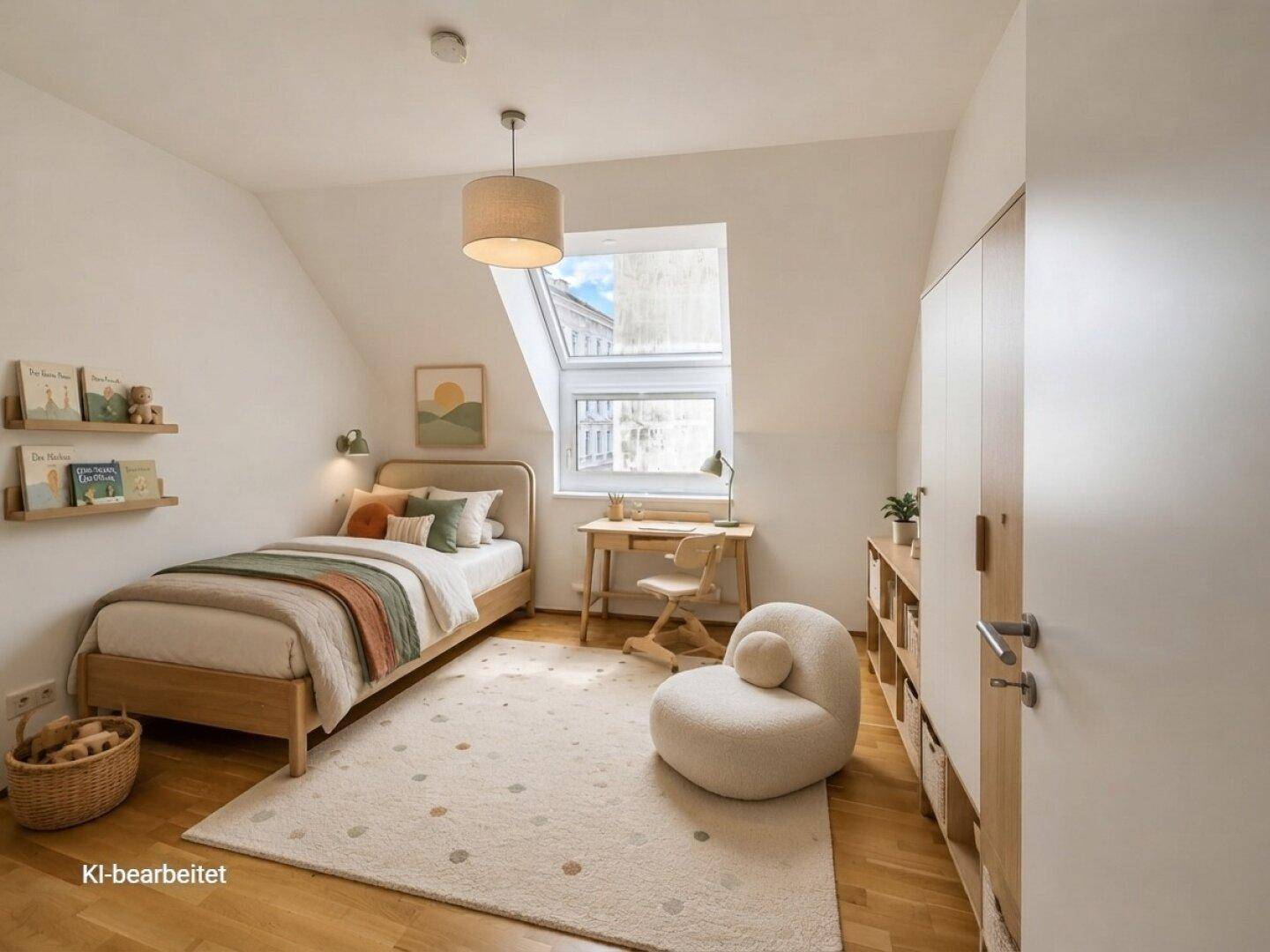 Gemütliches Kinderzimmer mit Einzelbett, Schreibtisch und großem Dachfenster.