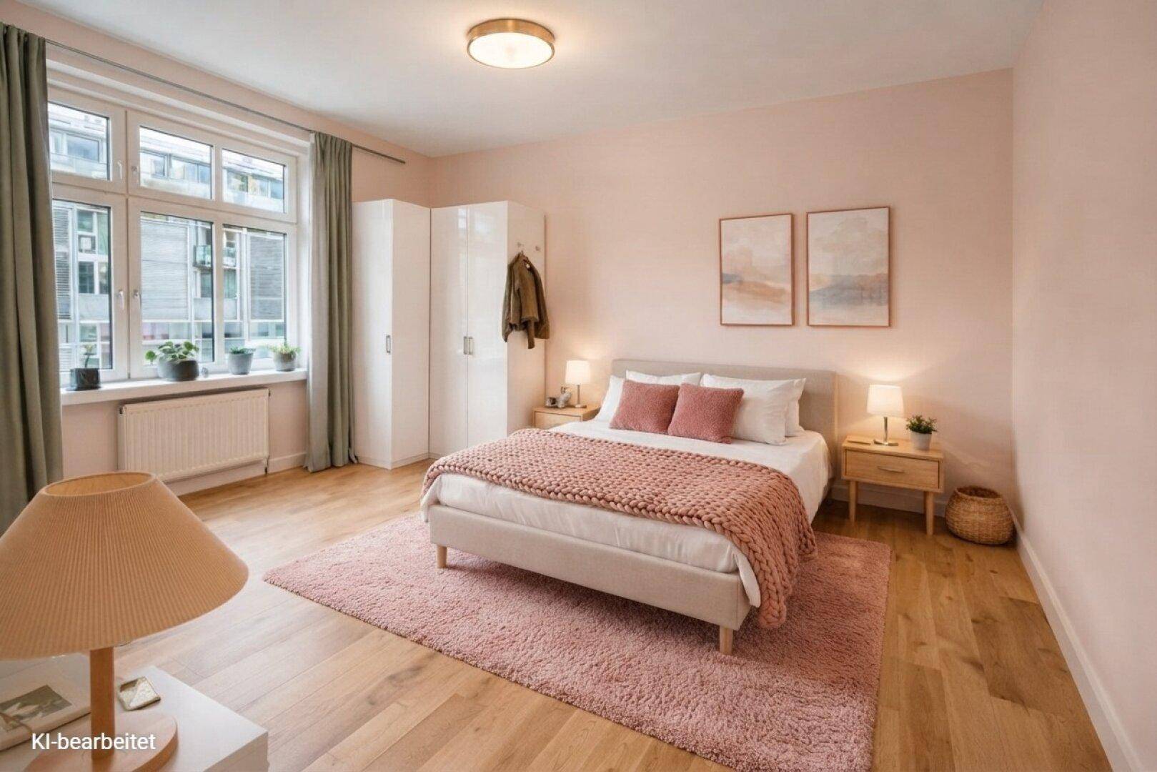 Helles Schlafzimmer mit rosafarbenen Wänden, Holzboden und großem Fenster, modern eingerichtet.