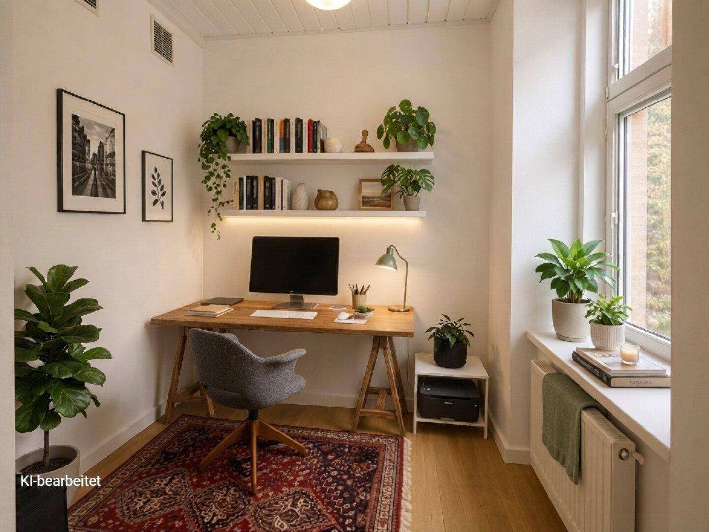 Helles Arbeitszimmer mit Holzschreibtisch, Regalen und vielen Pflanzen am Fenster, modern gestaltet.