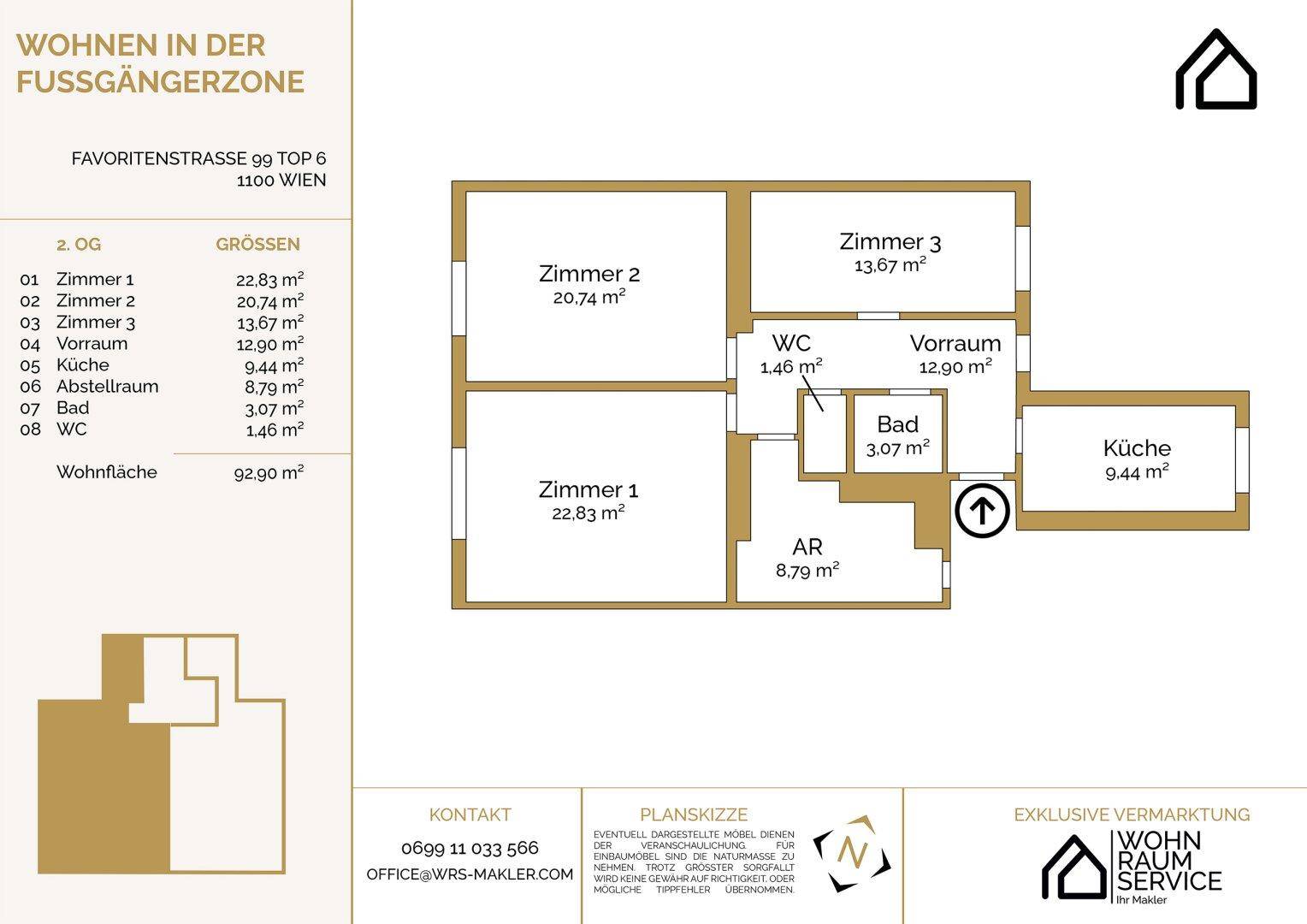 Grundriss der Wohnung im 2. Obergeschoss mit drei Zimmern und separater Küche.