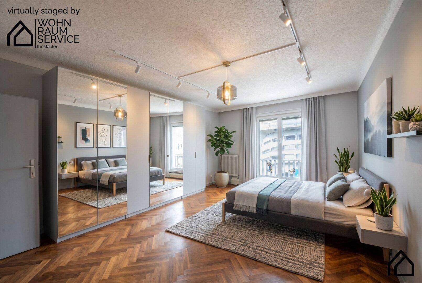 Virtuell inszeniertes Schlafzimmer mit großem Spiegelschrank, Doppelbett und Fischgrätparkett.