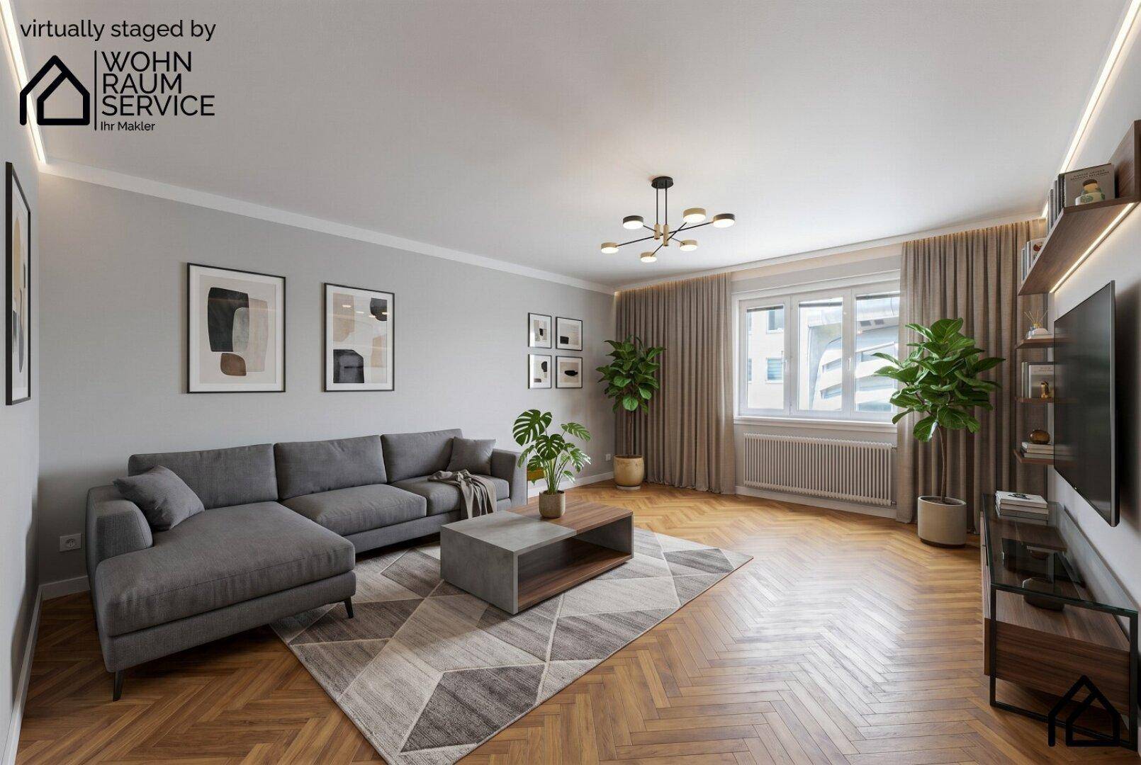 Virtuell inszeniertes Wohnzimmer mit modernem Sofa, Teppich und Fischgrätparkett.