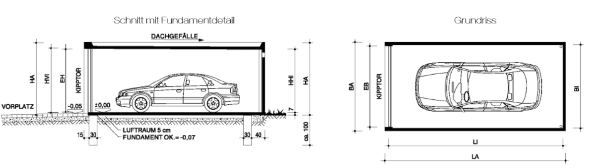Grundriss und Schnittdetail einer Einzelgarage mit Fundamentangaben und Dachgefälle.
