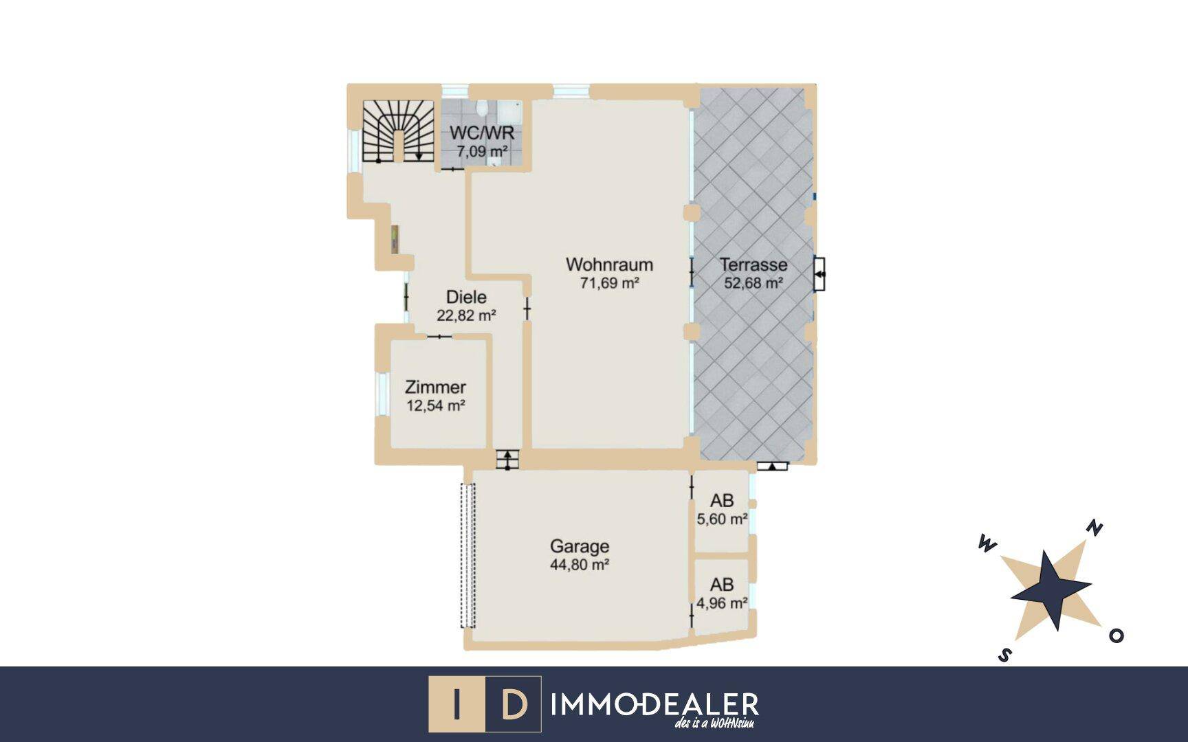 Grundriss des Erdgeschosses mit großem Wohnraum, Terrasse und integrierter Garage.