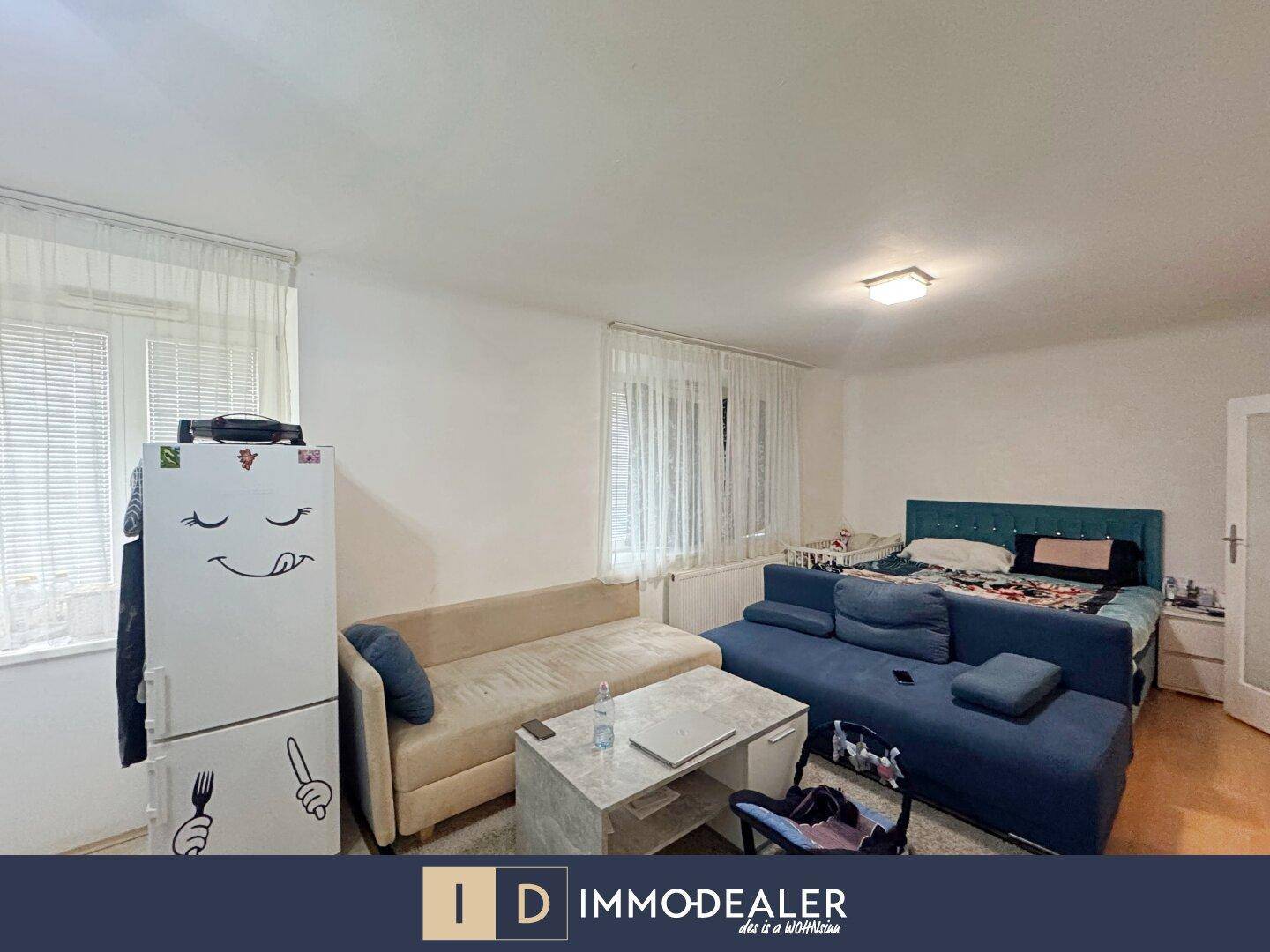 Gemütlicher Wohn- und Schlafbereich mit Sofa, Bett und Fenster für natürliches Licht.