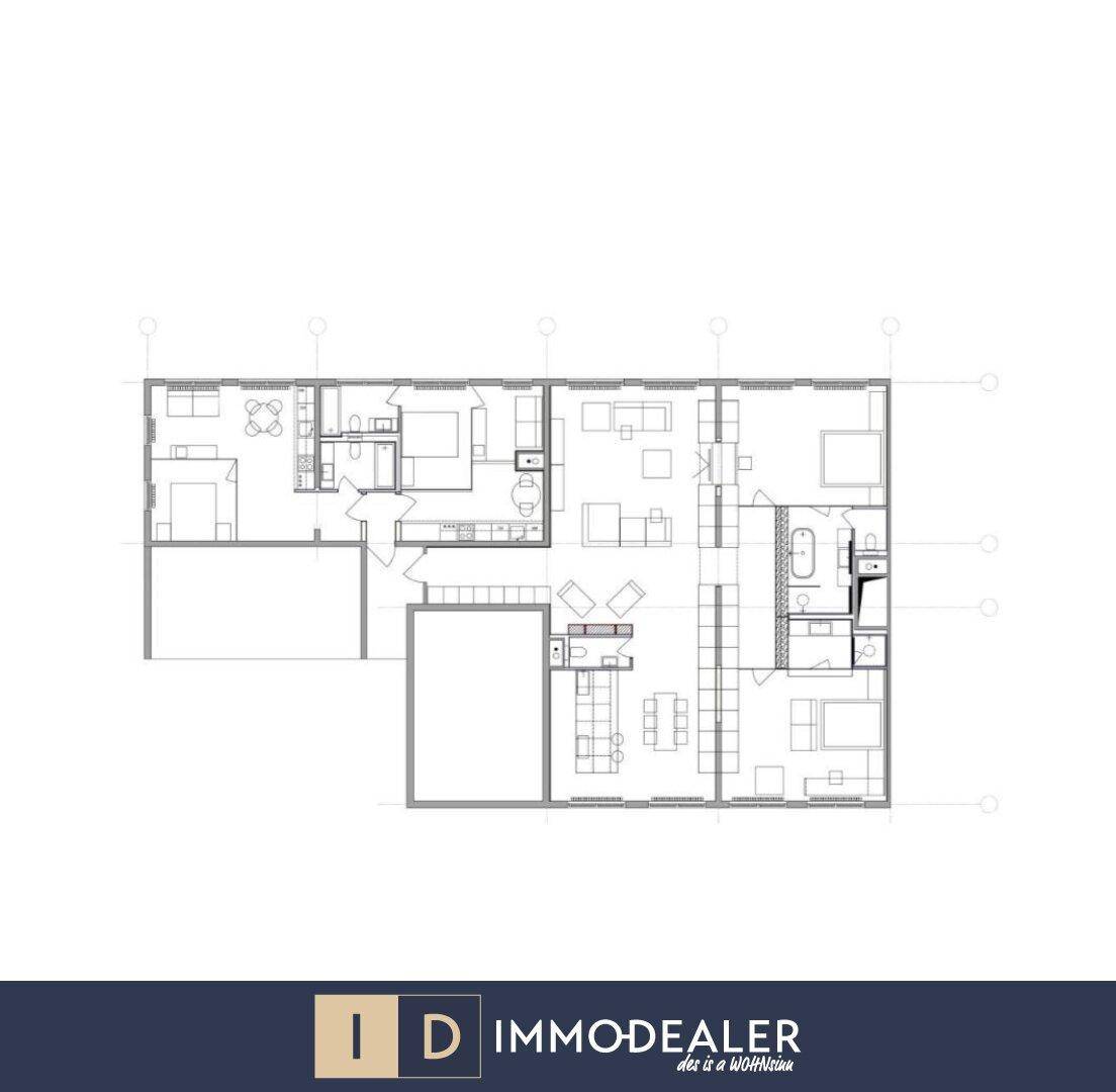 Detaillierter Grundrissplan der Wohnung mit mehreren Zimmern und Bädern.
