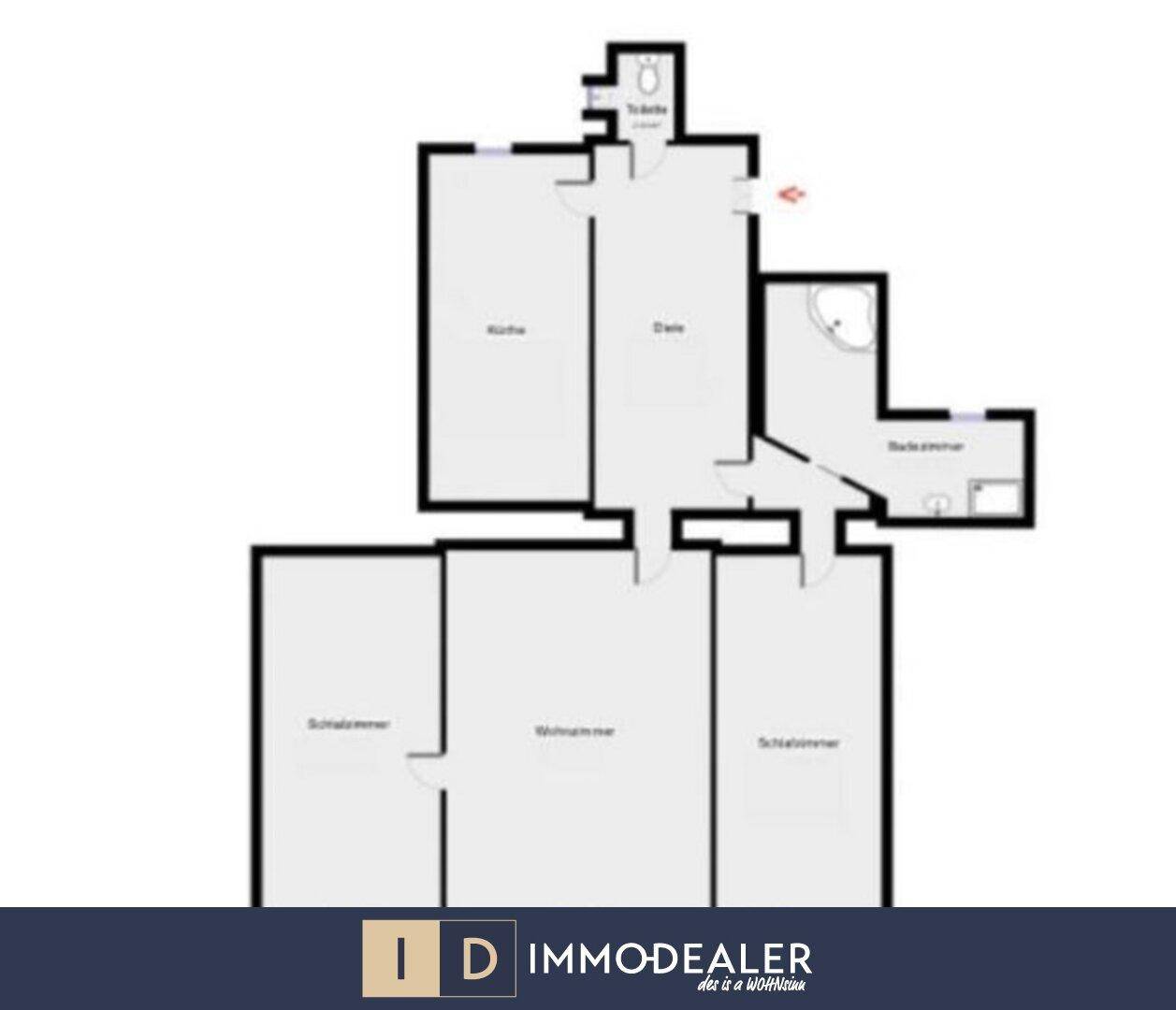 Grundriss einer Wohnung mit Schlafzimmern, Wohnzimmer, Küche, Badezimmer und separater Toilette.