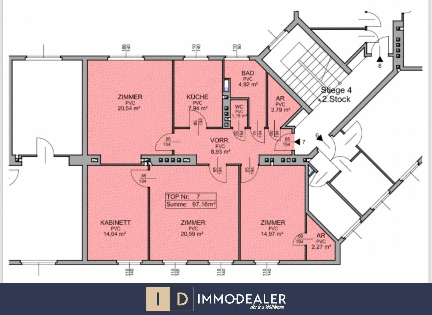 Grundriss der Wohnung mit mehreren Zimmern, Bad, WC und Vorraum auf 97,16 m².