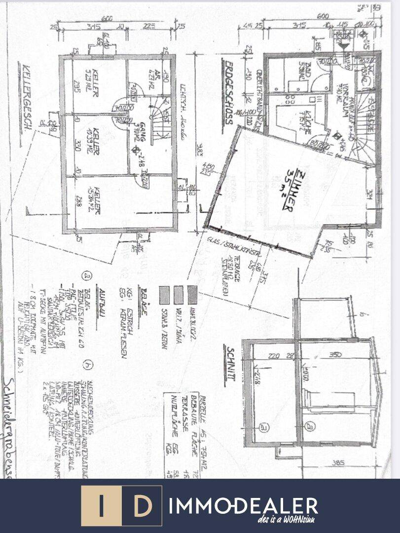 Detaillierter Grundriss des Erdgeschosses und Kellergeschosses mit Zimmeraufteilung.