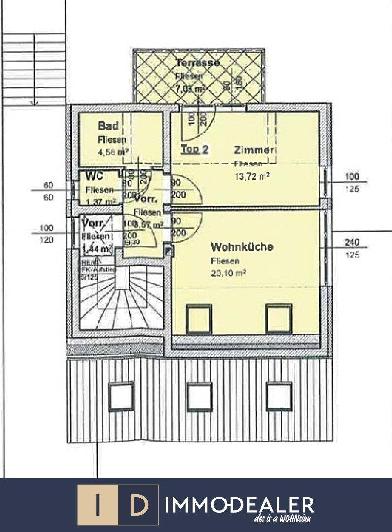 Grundriss des Dachgeschosses mit Wohnküche, Zimmer, Bad und einer großzügigen Dachterrasse.