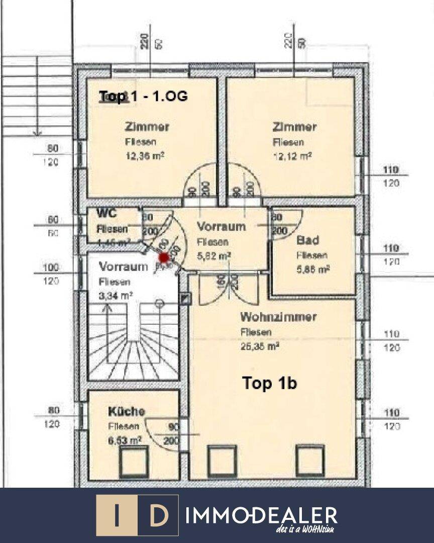 Grundriss des ersten Obergeschosses mit Wohnzimmer, Küche, zwei Zimmern und Badezimmer.
