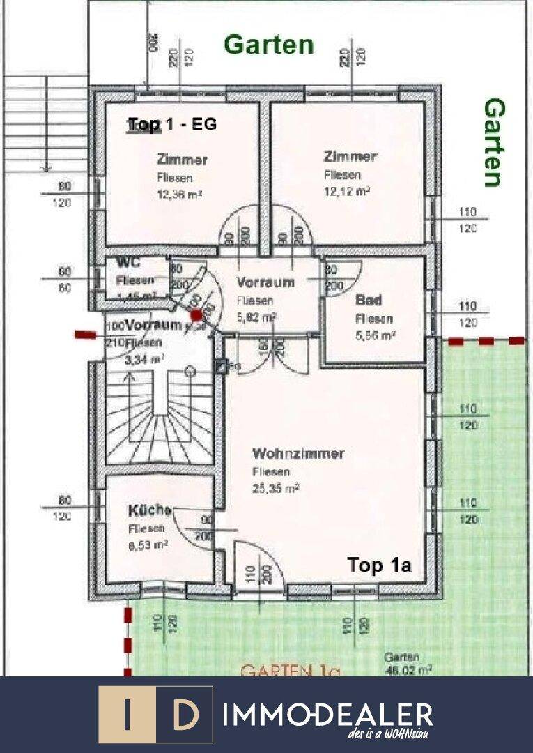 Grundriss des Erdgeschosses mit Wohnzimmer, Küche, zwei Zimmern und großem Gartenbereich.