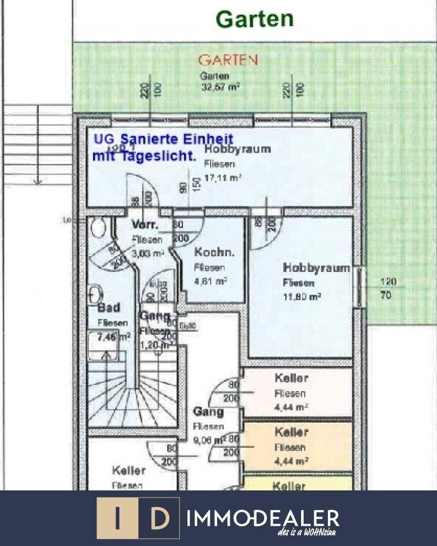 Grundriss des Untergeschosses mit Hobbyräumen, Bad und direktem Zugang zum Gartenbereich.