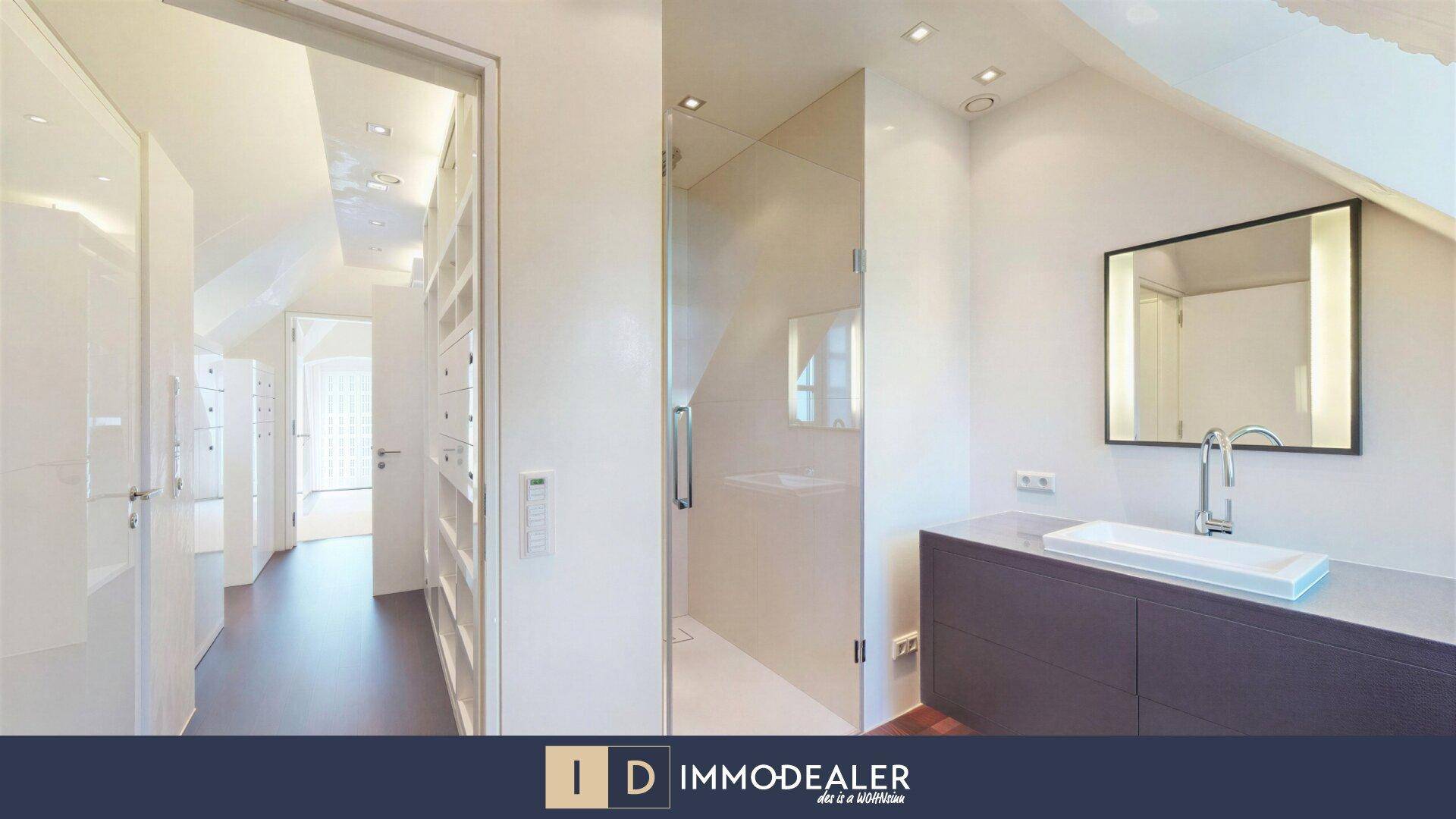 Modernes Badezimmer mit Dusche und Waschtisch, angrenzend an einen begehbaren Kleiderschrank.