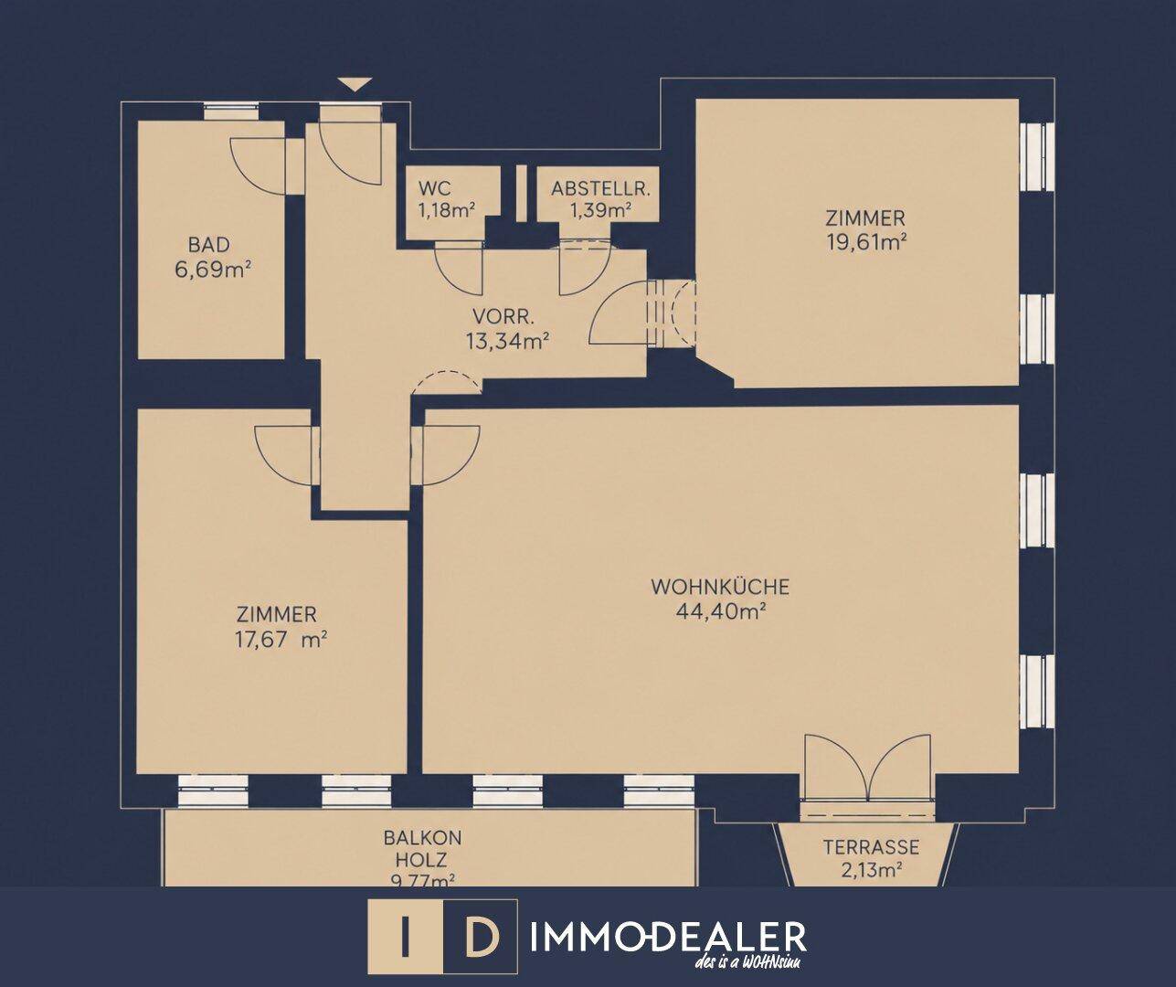 Grundriss der Wohnung mit Wohnküche, drei Zimmern, Bad, WC und Balkon/Terrasse.