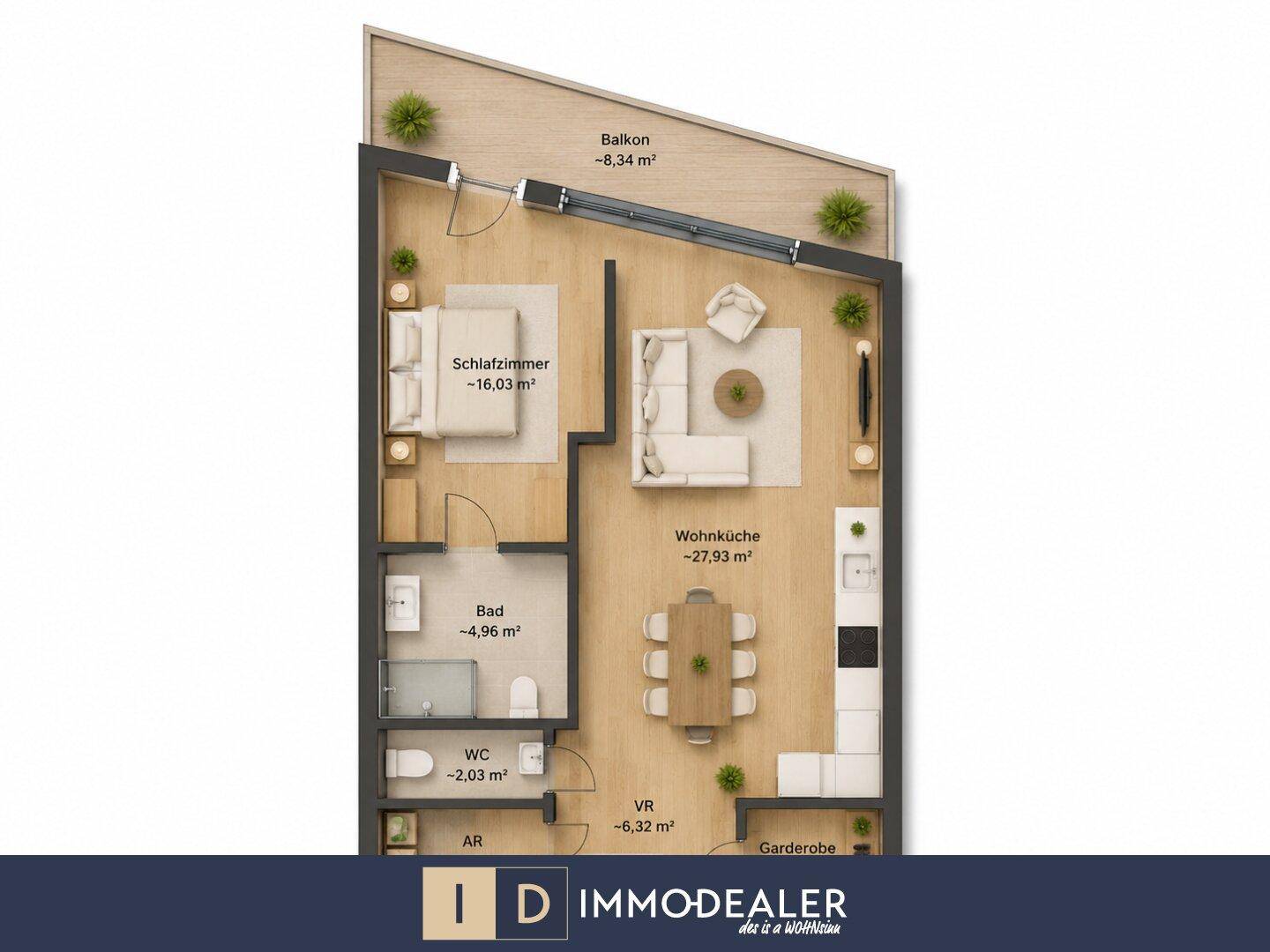 Grundriss einer Wohnung mit Schlafzimmer, Wohnküche, Bad und Balkon.
