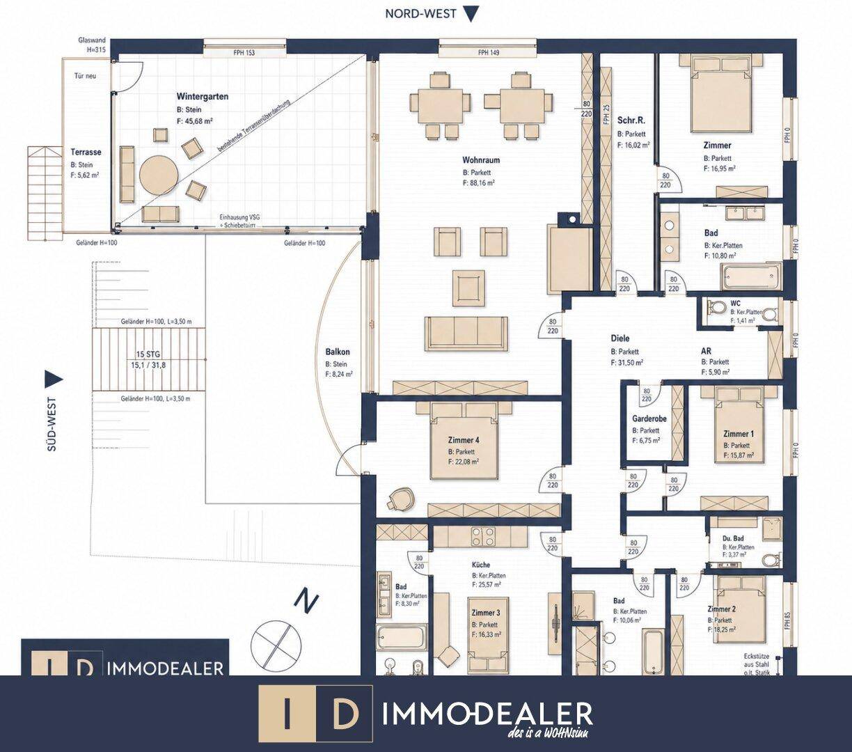 Detaillierter Grundriss einer Etage mit Wintergarten, Balkon und mehreren Zimmern.