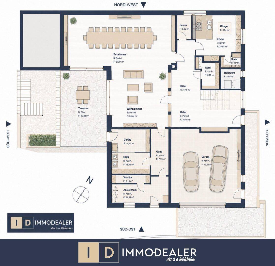 Umfassender Grundriss mit Esszimmer, Wohnzimmer, Sauna und Doppelgarage.