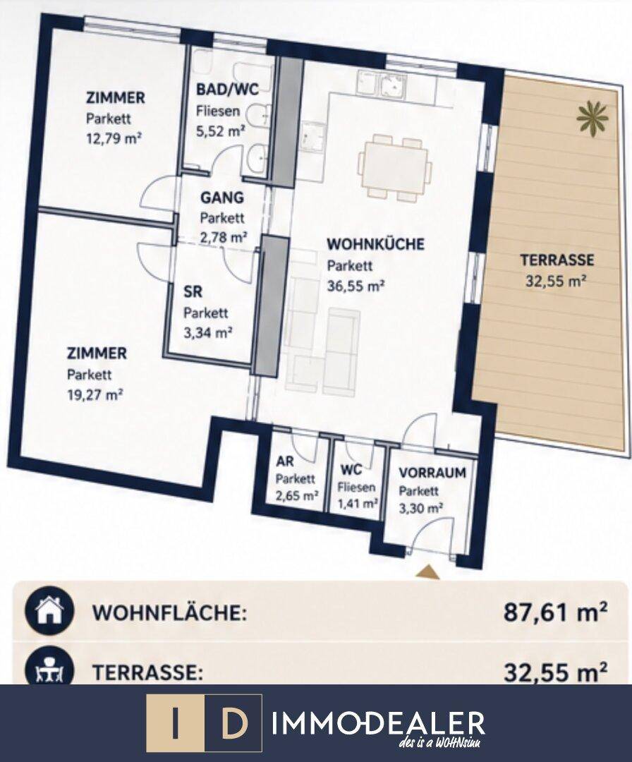Detaillierter Grundriss der Wohnung mit Wohnküche, Zimmern und großer Terrasse.