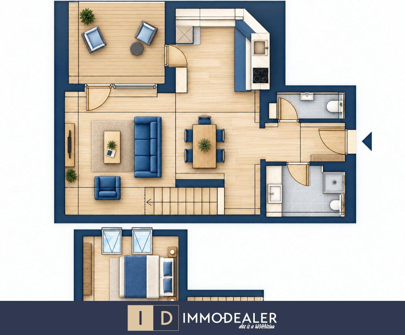 Detaillierter Grundriss einer Maisonette-Wohnung mit offenem Wohnbereich und separatem Schlafzimmer.