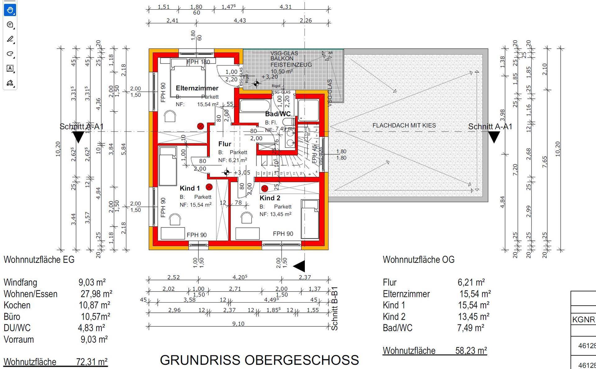 Grundriss des Obergeschosses mit drei Schlafzimmern und Badezimmer.