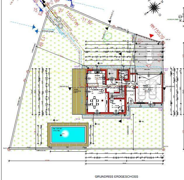 Gesamtgrundriss des Erdgeschosses mit Außenbereich, Terrasse und Pool.