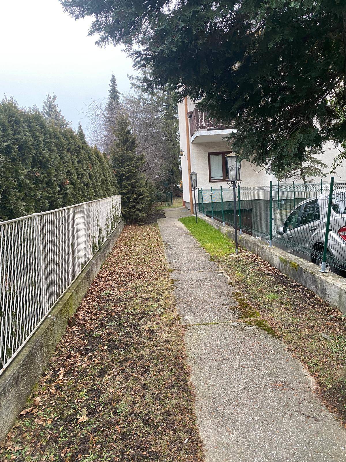 Schmaler Weg neben dem Haus, umgeben von Bäumen und einem Zaun.