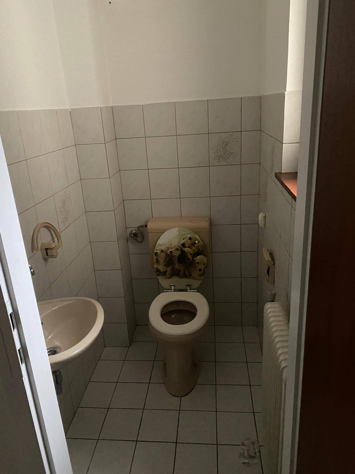 Kleines Gäste-WC mit Fliesen, Waschbecken und WC, ausgestattet mit Heizkörper.