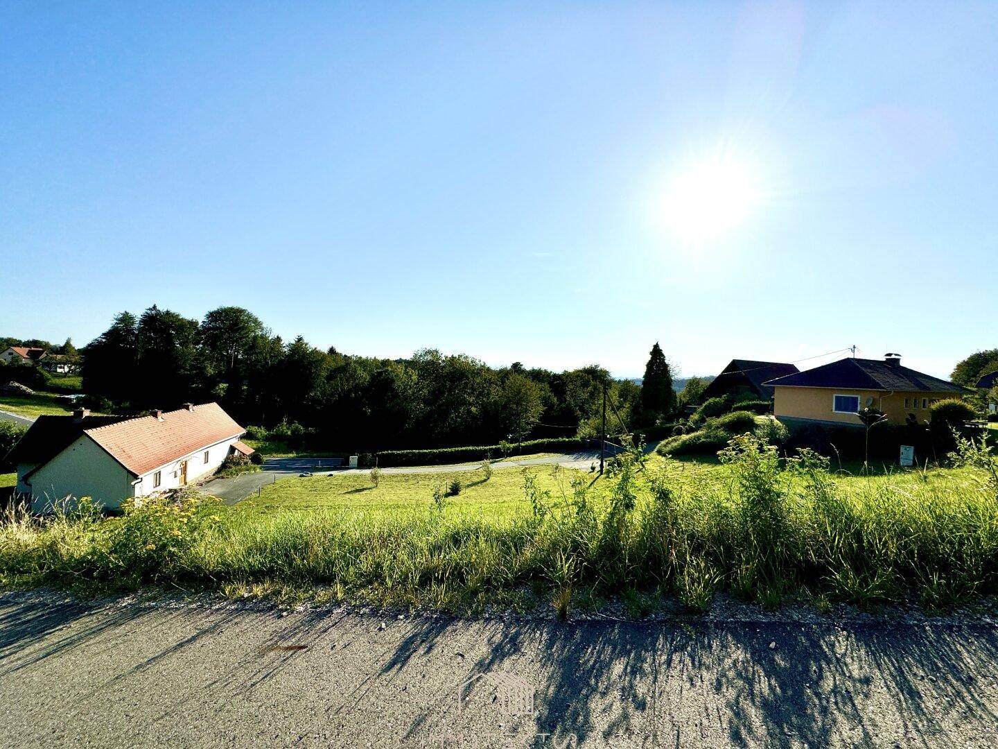Sonnige Landschaftsansicht mit weiten grünen Flächen, vereinzelten Häusern und einem strahlend blauen Himmel.