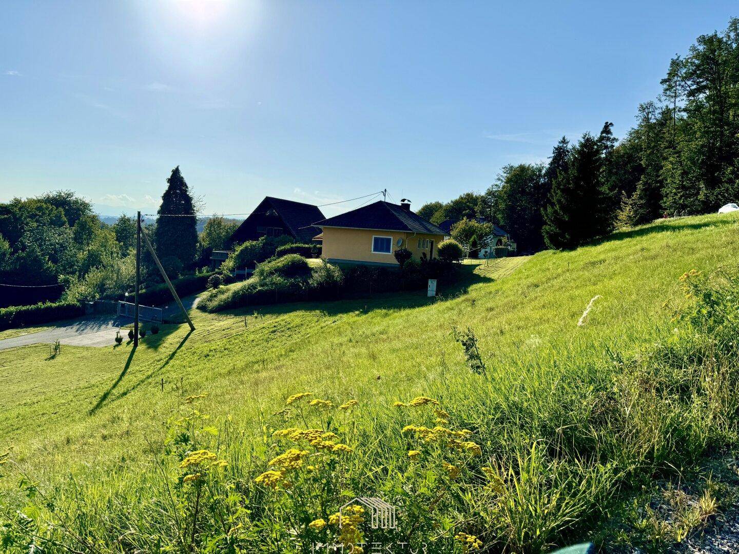 Idyllische Hügellandschaft mit grünen Wiesen, vereinzelten Häusern und einem weiten Blick in die Ferne.