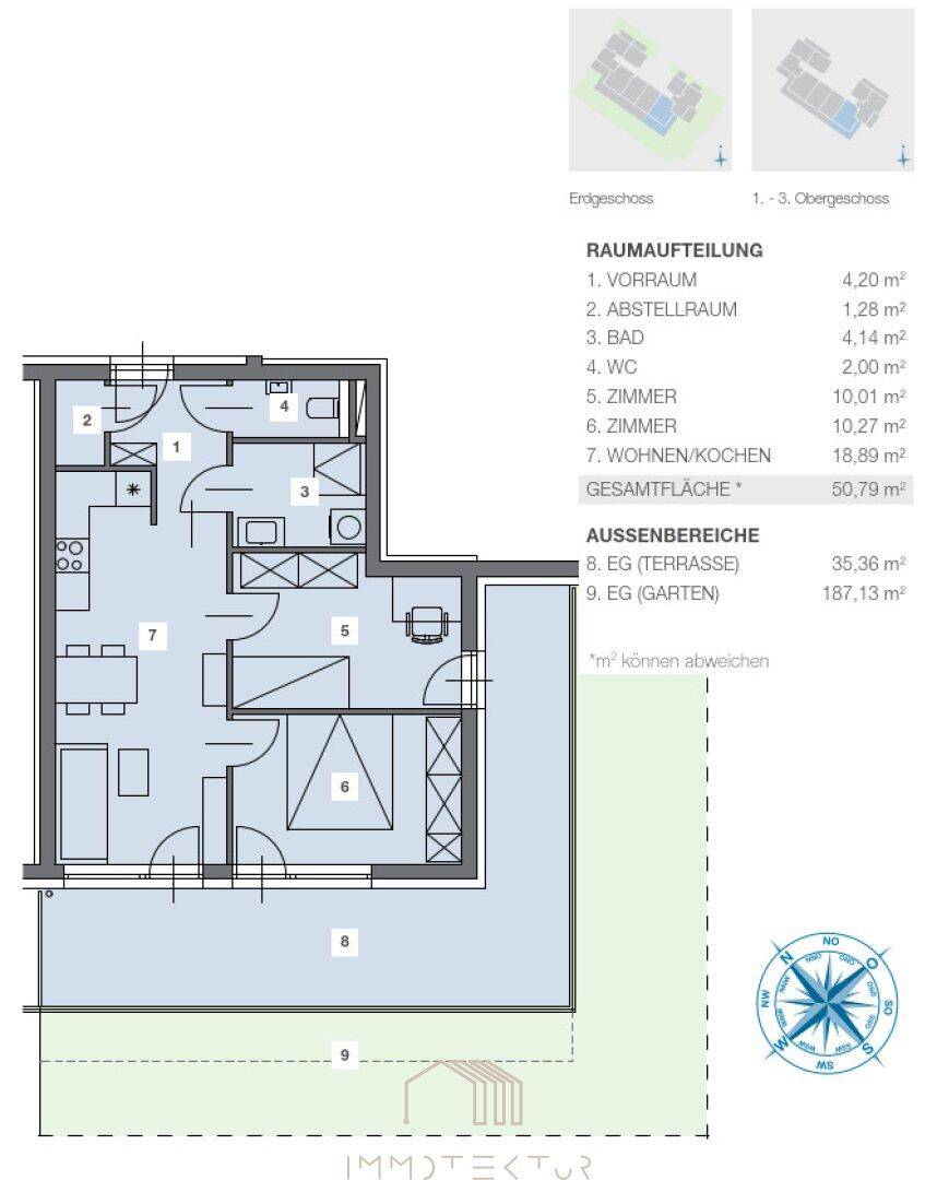 Grundriss des Erdgeschosses mit Wohn-/Kochbereich, Zimmern, Terrasse und Garten.