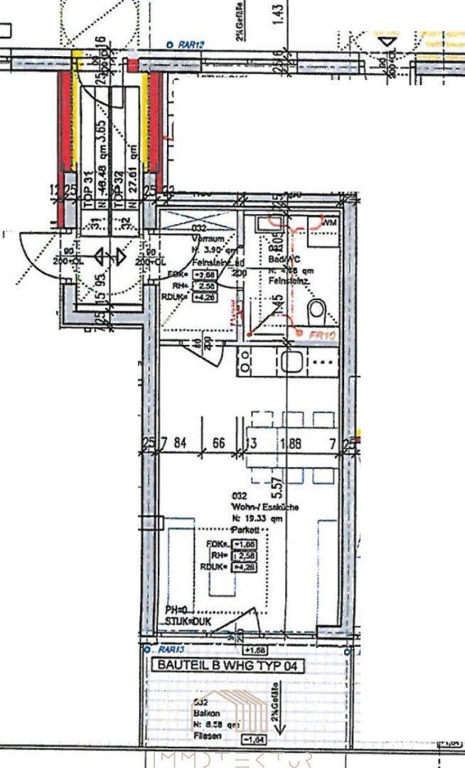 Detaillierter Grundriss einer Wohnung mit Balkon, Bad und offenem Wohnbereich.