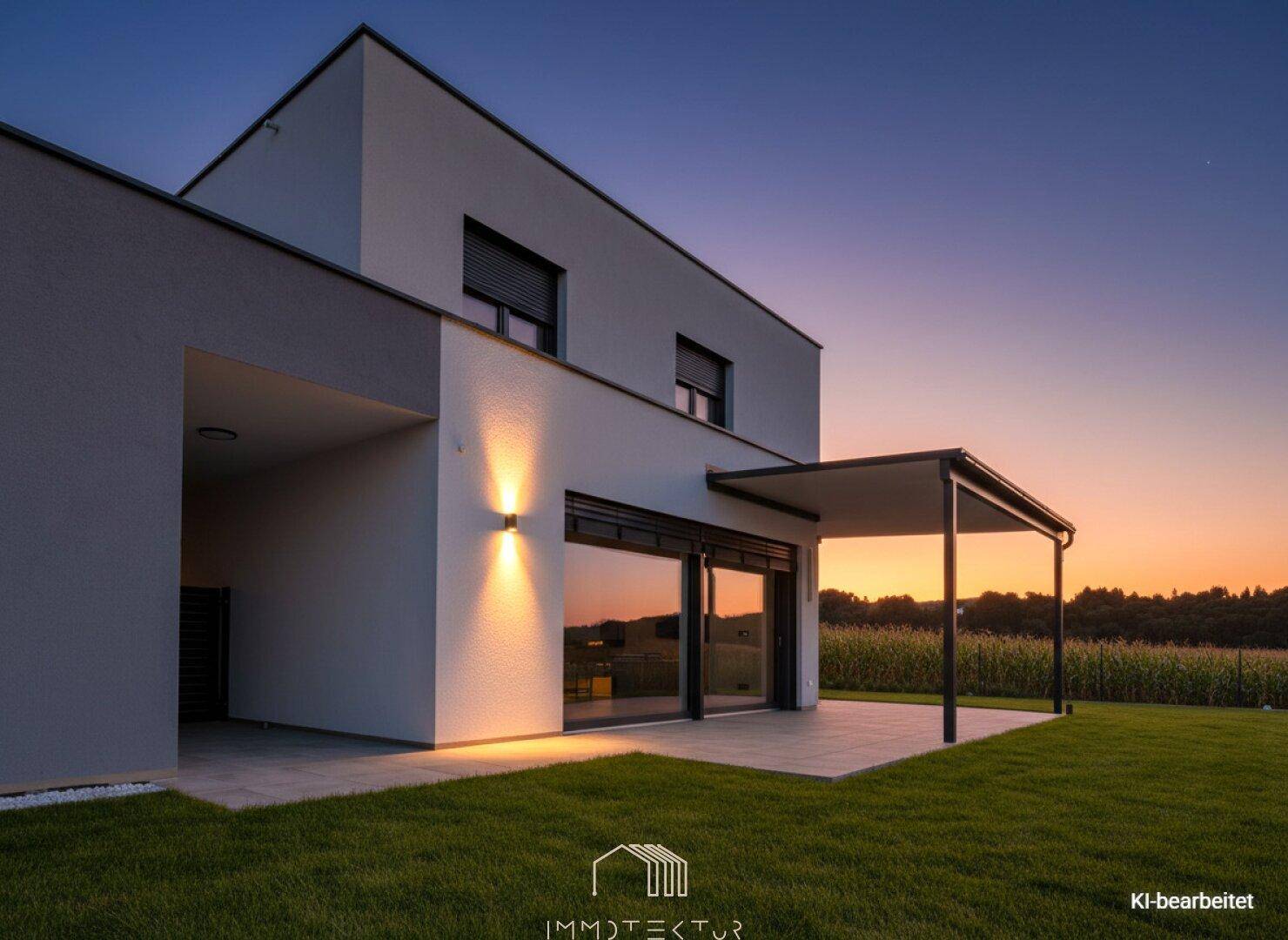 Moderne Hausfassade bei Sonnenuntergang mit beleuchteter Terrasse und Blick auf die umliegende Landschaft.