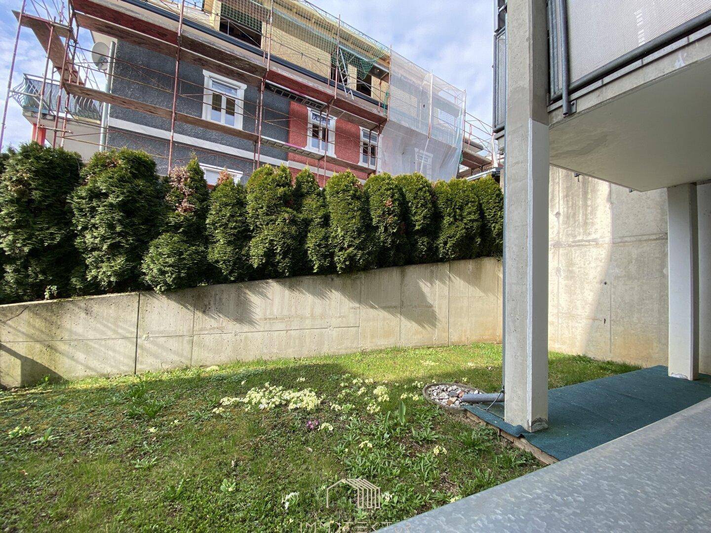 Gartenbereich mit Rasen und Hecke, im Hintergrund ein Gebäude mit Gerüst.