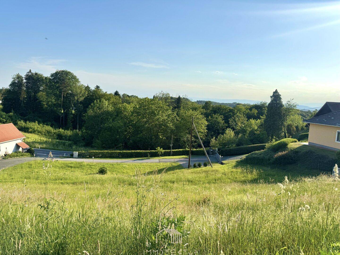 Weitläufige grüne Landschaft mit Bäumen, einer Straße und Häusern in der Ferne unter blauem Himmel.