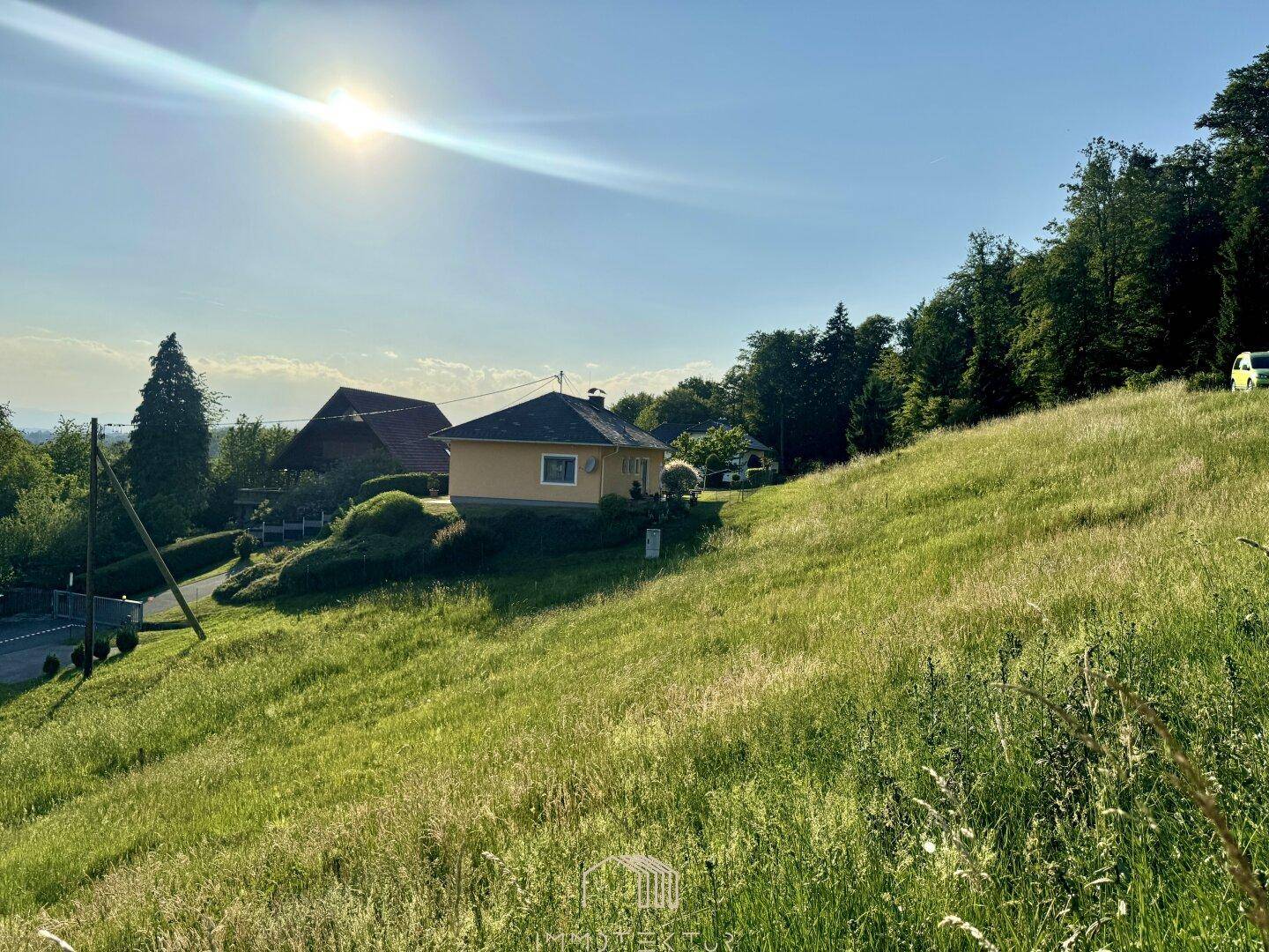 Sonnige, grüne Hügellandschaft mit einem Haus und Bäumen im Hintergrund unter strahlend blauem Himmel.