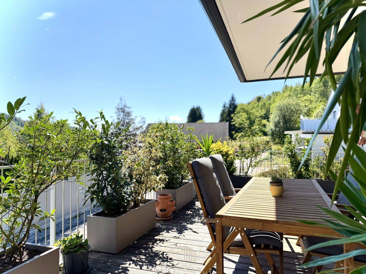 Sonnige Terrasse mit Holztisch, bequemen Stühlen und üppigen Topfpflanzen, umgeben von grüner Natur und weitem Blick.