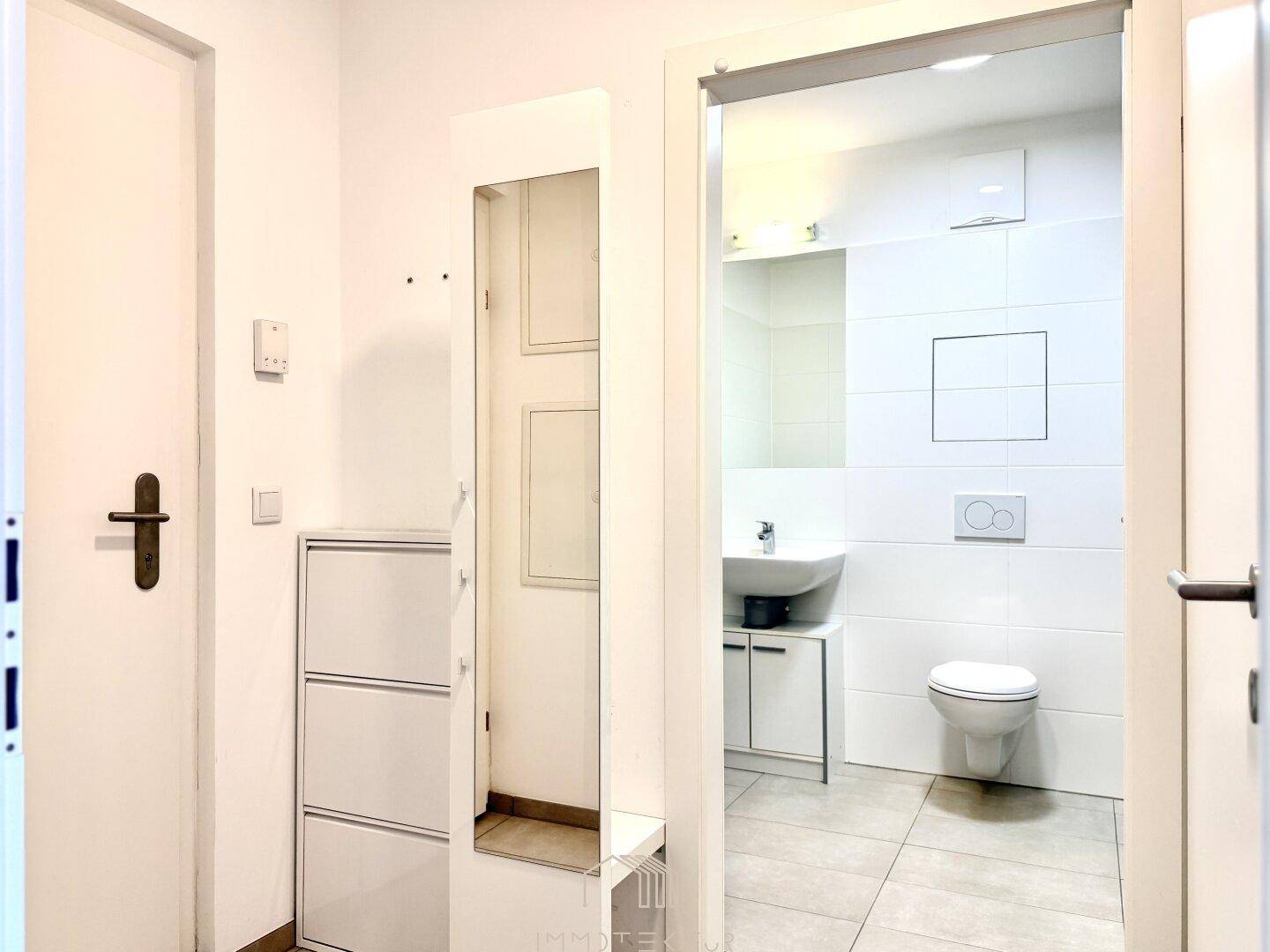 Eingangsbereich mit Spiegel und Zugang zum modernen Badezimmer.